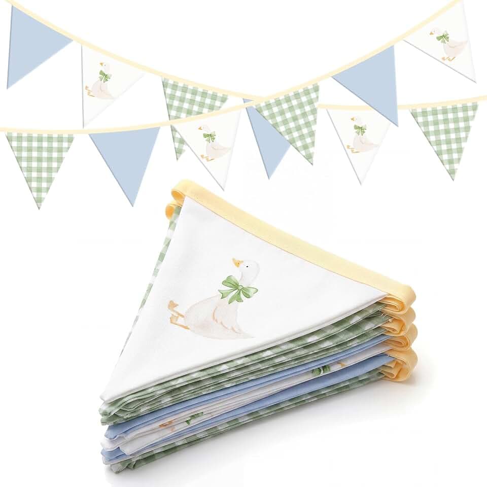 Hahafelt Goose Fabric Banner 1st Birthday Decor,Plaid,Green, Blue and White