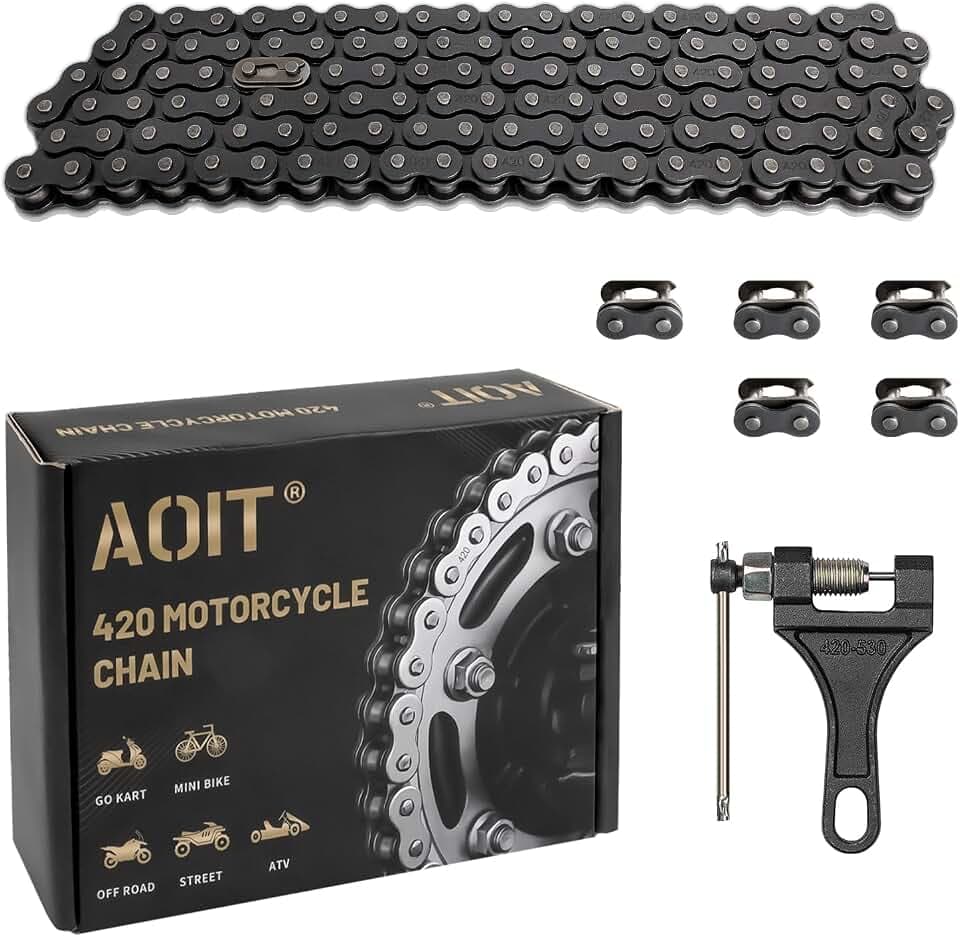 420 Motorcycle Roller Chain 110 Links with Chain Breaker, Master Link and 5 Connecting Links, Fits 110cc 125cc Go Karts, Dirt Pit Bikes, ATVs, Quads, Scooters and Mini Bikes