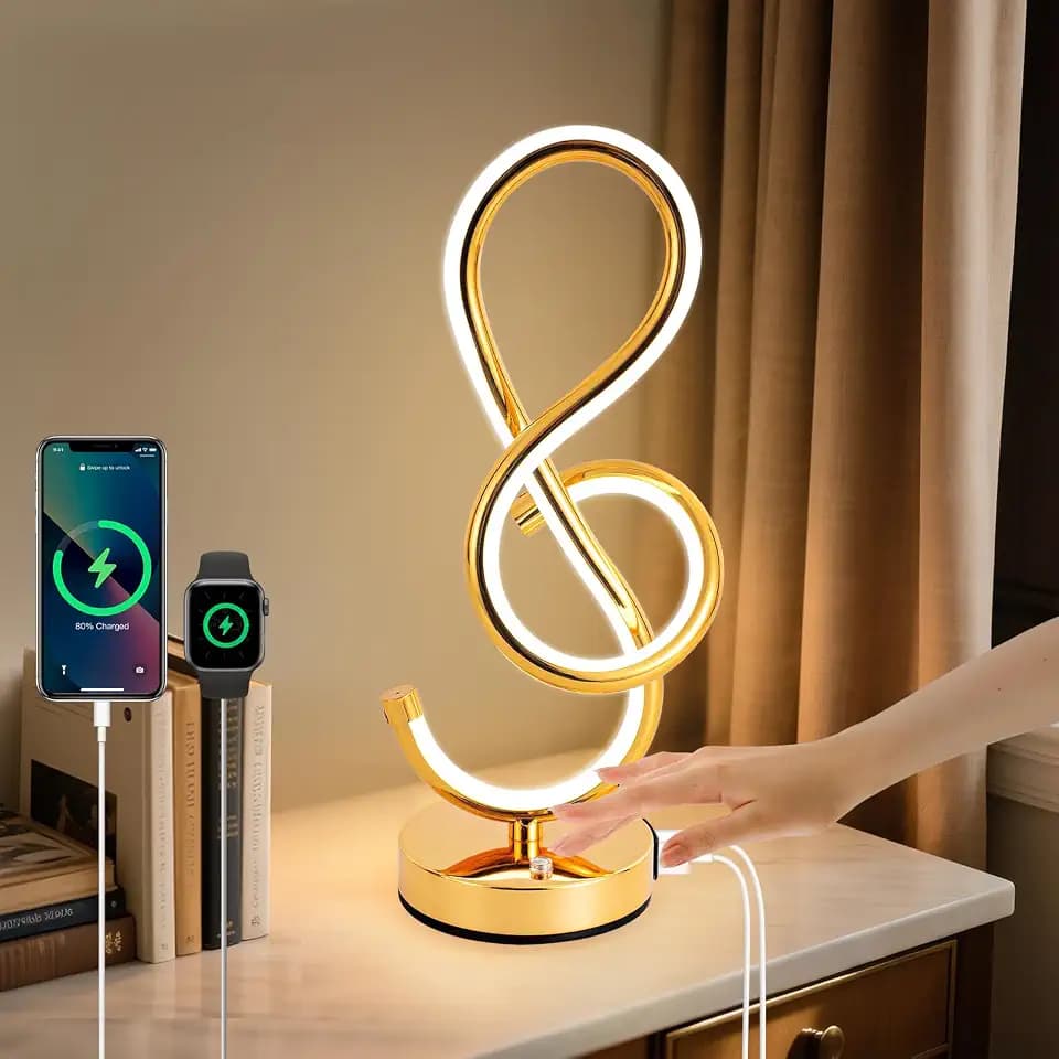 Nachttischlampe LED, Moderne Spiral Tischlampe LED, 3 Farbtemperaturen, Touch Control, Dimmbare Tischleuchte mit USB und Type-C Anschluss, Nachtlicht für Schlafzimmer Wohnzimmer Büro - Gold