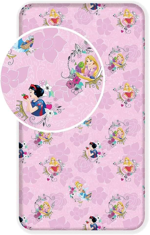 Disney Kinder Bettlaken Spannbetttuch Prinzessin Schneewittchen Cinderella Rapunzel Dornröschen 90x200 + 25 cm 100% Baumwolle