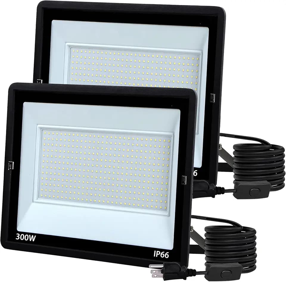 300W LED Flood Light Outdoor,Plug in Floodlight with ON/Off Switch High Power Commercial Work Light IP66 Waterproof Security Stadium Lights for Parking Lots Backyard Court Garden