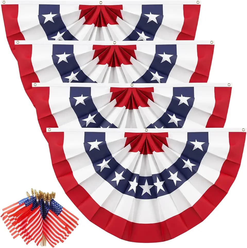 3x6 Ft American Pleated Fan Flag 4pcs with 20pcs Small US Flags on Stick, Red White and Blue Patriotic Half Fan Bunting Flag Outdoor for 4th of July 250th Anniversary Memorial Day Decor