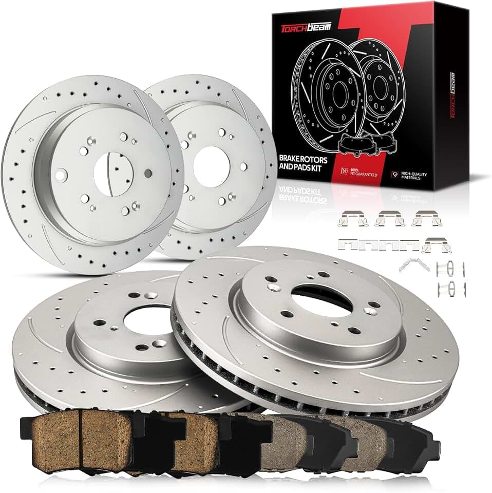 Torchbeam Drilled and Slotted Brake Kit Front and Rear For: 2007 2008 2009 2010 2011 Honda CR-V, 2012 2013 2014 2015 2016 Honda CR-V AWD, 2010 2011 2012 Acura RDX FWD,12pcs