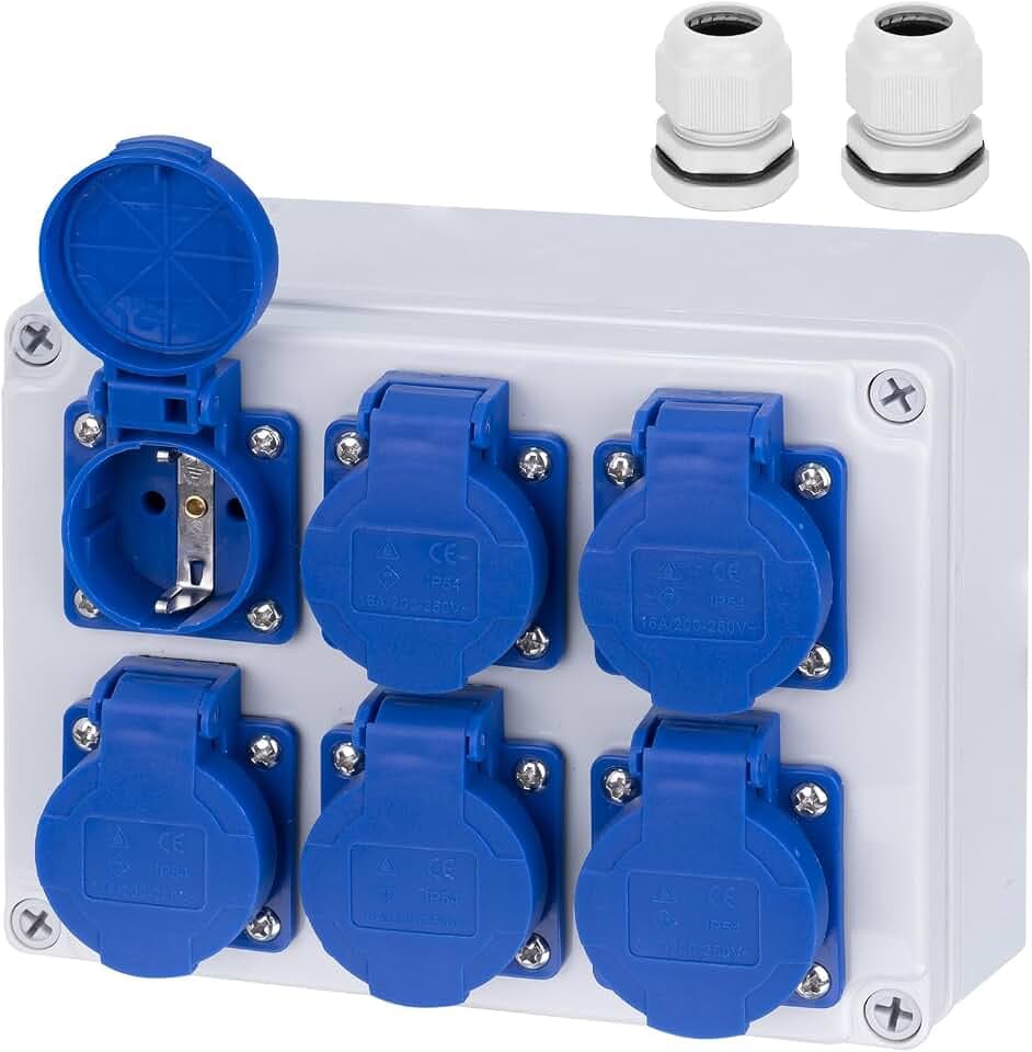 CHENGPI Steckdose Aufputz Wandverteiler Starkstrom Verteiler mit IP54 6x230V Schuko Steckdosen,IP67 Baustromverteiler Steckdosenverteiler fur Werkstatt, Garage-Ramped Socket Box,Gebäude Stromverteiler