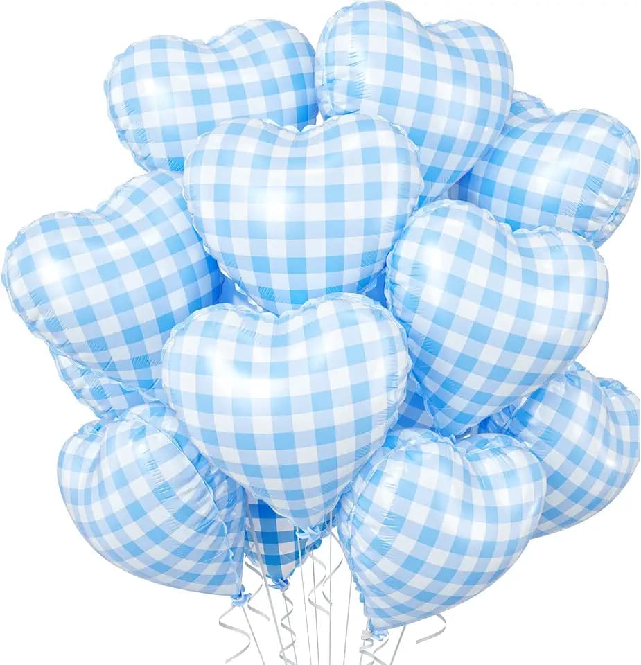 Blue Grid Heart Balloons, 10PCS Light Blue Foil for Boys Birthday Party