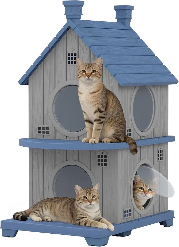 Outdoor Cat House Weatherproof, Durable Resin Cat Houses for Outdoor Indoor Cats, Litter Box Enclosure with Elevated Base, Anti-Slip Pad, Ventilation, Double-Story, Sky Blue
