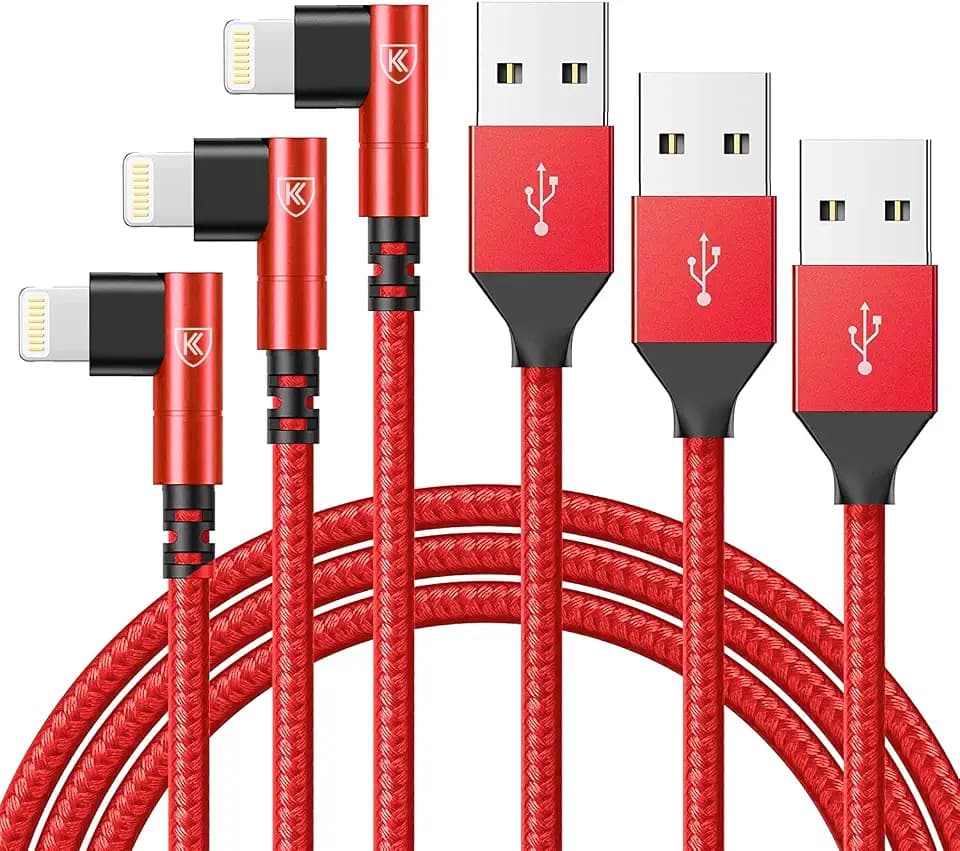 KIYODA 90 Degree Lightning Cable iPhone Charger Cable 6ft 3Pack - Red