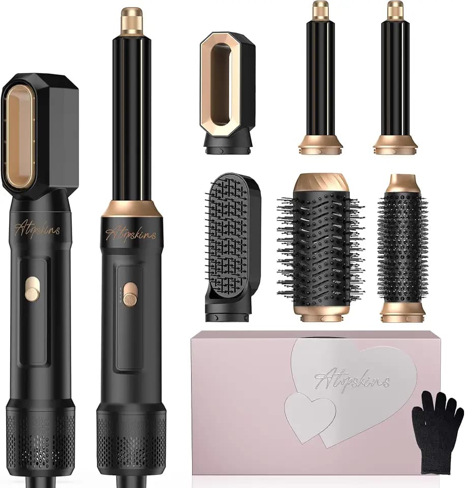 Pro Airstyler Atopskins 6 In 1 Air Styler Set, Air brush Haarstyler Ionen Föhnbürste mit 30mm Warmluft-Lockenstab Warmluftbürste| 1000W Haartrockner für Volumen, Trocknen, Glätten,Locken,Geschenkset