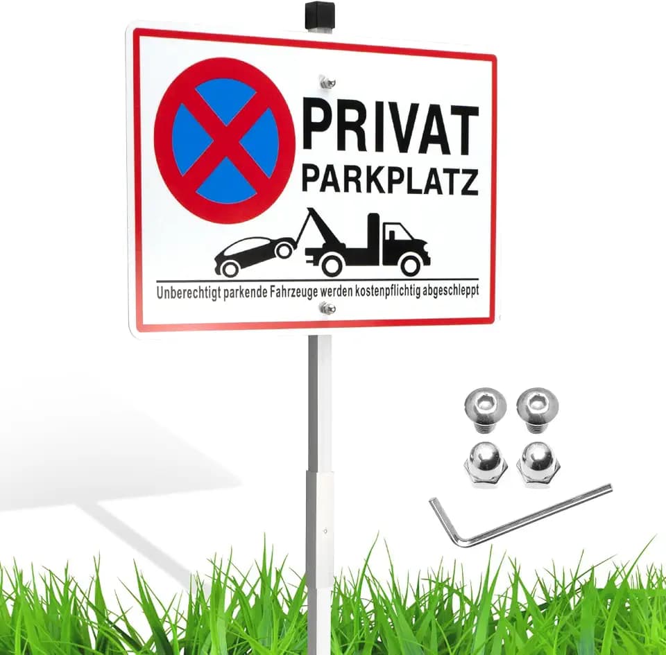 Privatparkplatz Schild mit Pfosten Alu 300x200 mm, Parkverbotsschild Privat mit Löchern, Schild Privatgrundstück Parken Verboten, UV-beständig, wasserfest