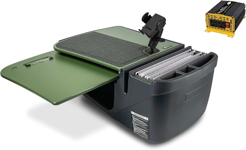 AutoExec GripMaster Car Desk for Your Vehicle Workstation and Mobile Office, Army Green with 400 watt Power Inverter and Phone Mount