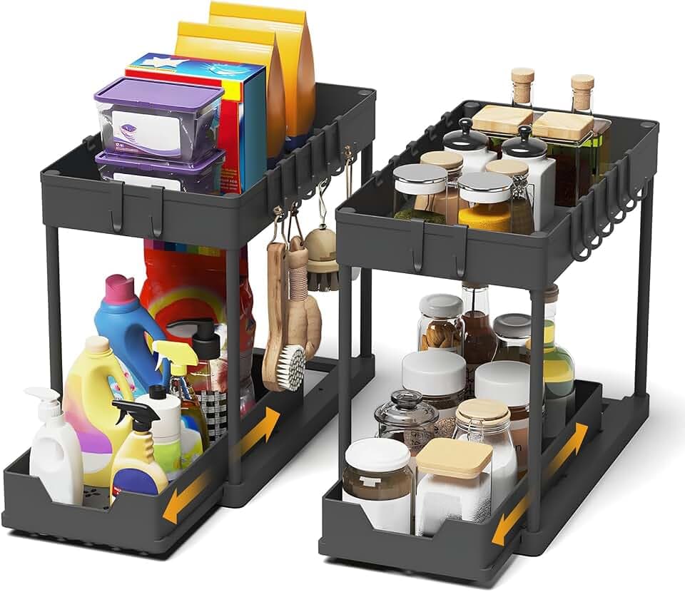 Meltrck Küchen Organizer - 2 Stück Unter Waschbecken Regal Organizer - Ausziehbares Lagerregal Organizer mit 16 Haken,Schwar