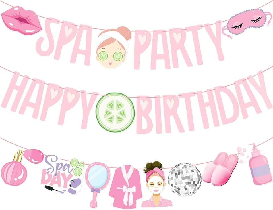 Spa Birthday Banners 3PCS Spa Birthday Party Decorations Pre-strung Makeup Party Banners Sleepover Theme Decor for Girls Slumber Pajama Party Supplies