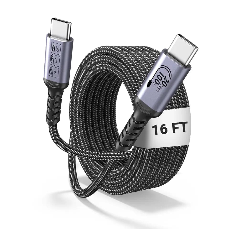 Long USB C Cable 100W 16ft, 20Gbps Data Transfer, 4K Video Monitor