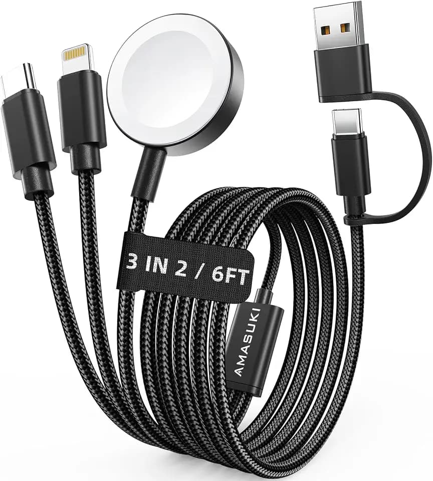 Travel Essentials,3 in 2 USB C Cable for Apple Watch Charger,iPhone Charger,Multi Charging Cable,Cruise Vacation Camping Portable for iWatch Series 11-2/Ultra/SE & iPhone 17-12,Car,Black-6FT
