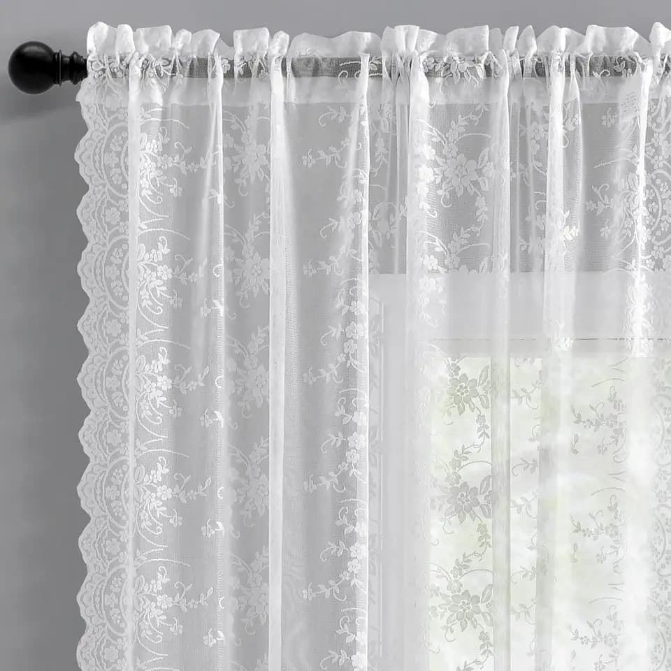 Kotile White Lace Curtains for Bedroom Vine Floral 52x80 Inch, 2 Panels