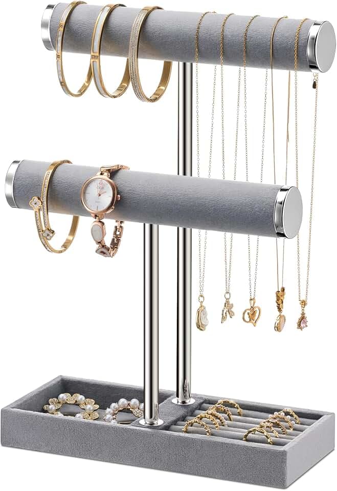bussdis 2 Tier Bracelet Holder Display, Necklace Holder Organizer, Grey