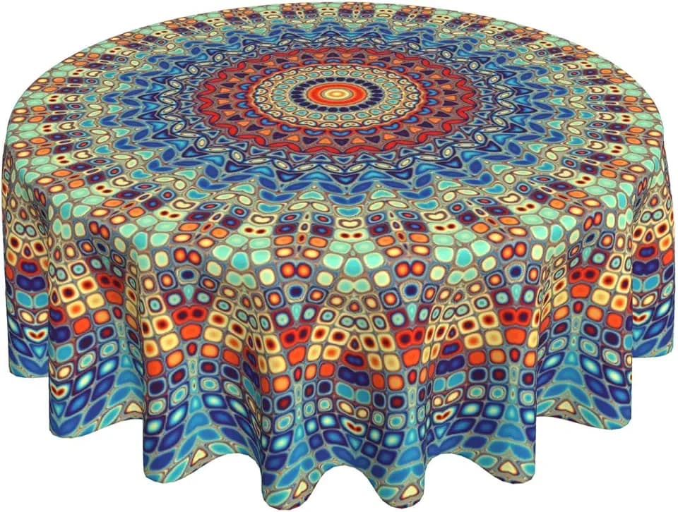 AGAYNA Mandala Tablecloth Round 70 Inch Colorful Boho Table Cloth,Stain Resistance Polyester Summer Table Covers for Kitchen Dining,Small Tablecloth for Party Picnic