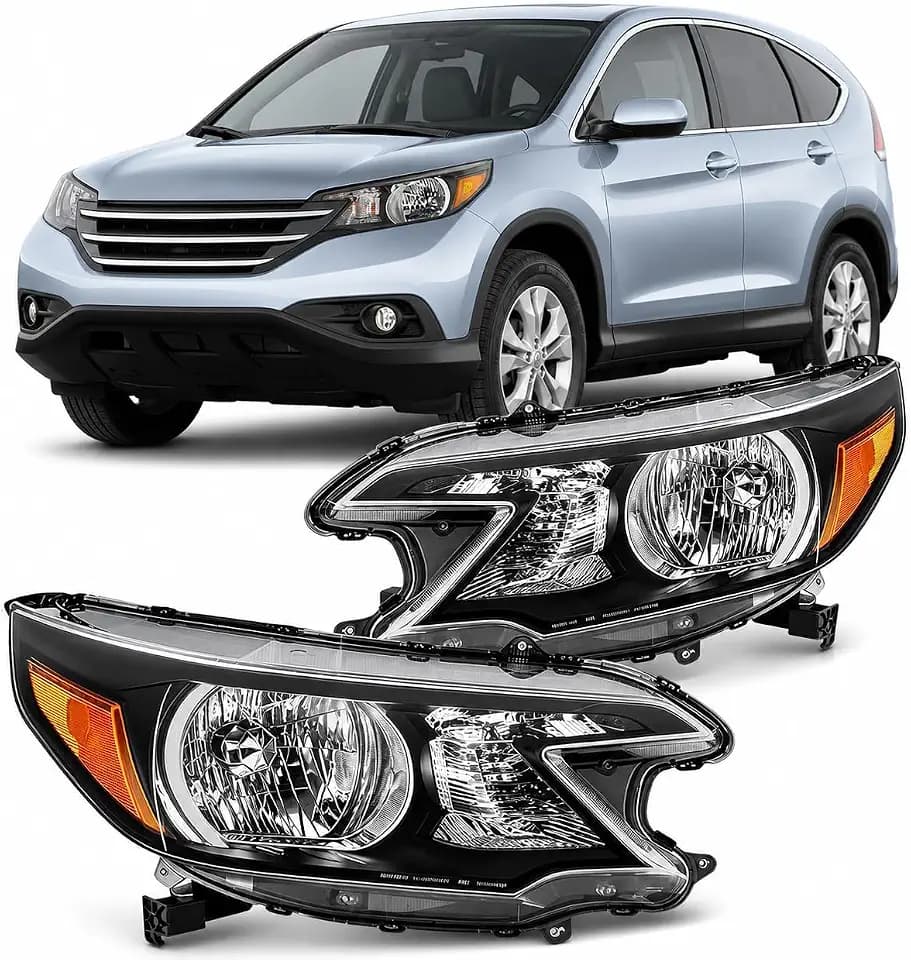 Headlight Assembly Compatible with 2012-2014 Honda CR-V, Halogen Headlamp Pair, Clear Lens Black Housing Amber Reflector, Left Driver & Right Passenger Side, Bulbs Not Included