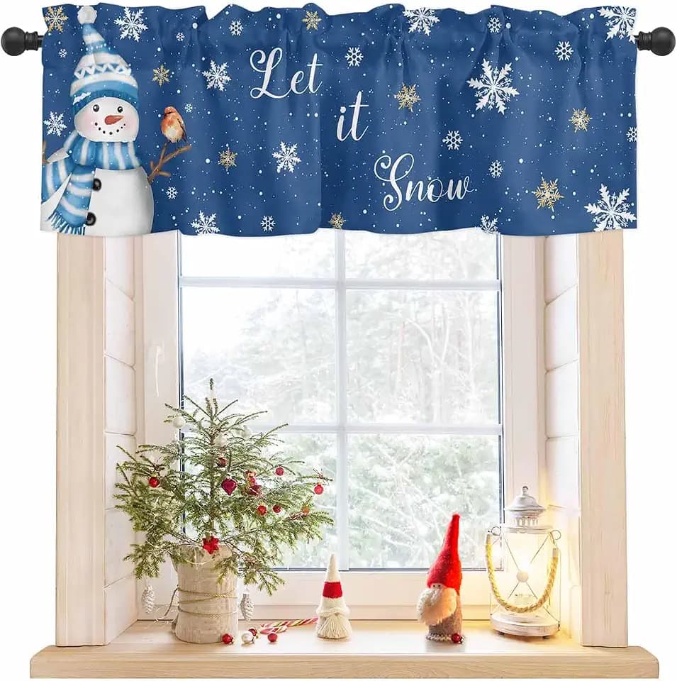 Christmas Valance, Navy Blue Snowman Snowflake Christmas Valances for Windows Rod Pocket Curtain Valances Christmas Blue Window Treatment Small Curtain for Xmas Winter 54" W x 18" L, 1 Panel