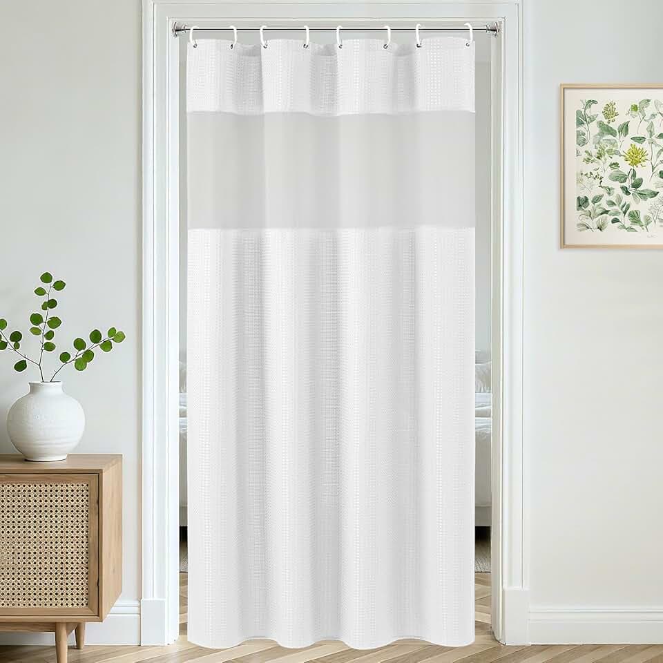 UFRIDAY Shower Stall Curtain 48x72 inch White Waffle Weave,Water-Resistant Polyester Shower Curtain with Mesh Top Window, Small Bathroom Curtain for Rv Camper Trailer