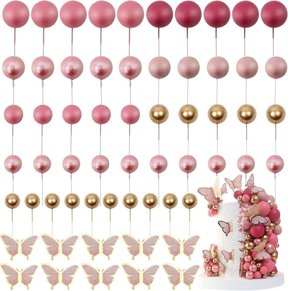 LARDUX 60 PCS Tortendeko Kugel - Schmetterling Kuchen Dekorationen DIY Mini Ballon Cupcake Einsatz für Geburtstag Party Baby Dusche Hochzeit Mädchen - Rosa,Pink
