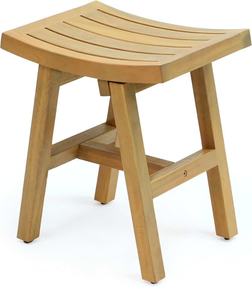 JONATHAN Y Tamlyn 15.75" Slatted Solid Acacia Wood Shower Stool, Light Teak