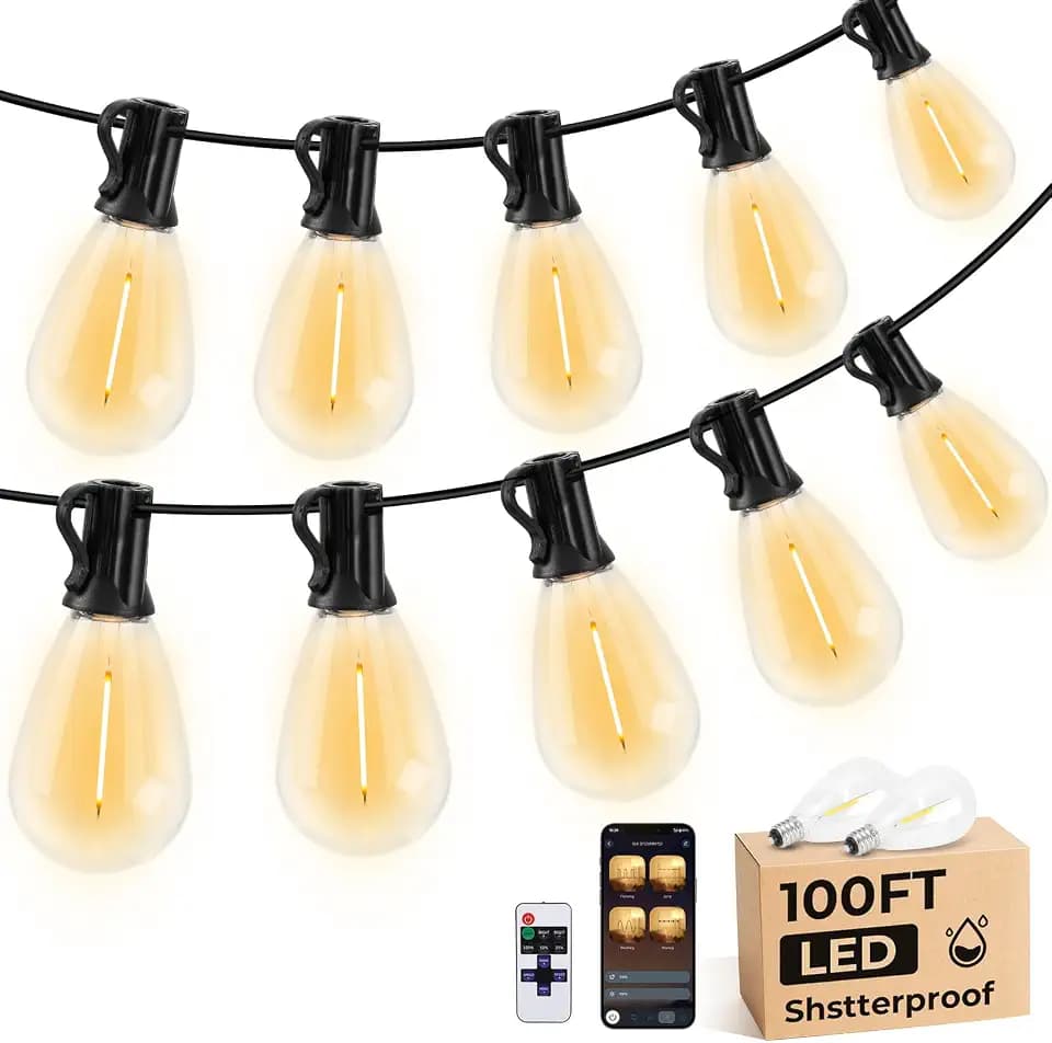 GvvooHome 100FT S11 LED Outdoor String Lights with App & Remote, Low-Voltage Patio Lights with Music Sync, 4 Lighting Modes, Dimmable, Waterproof LED Lights for Backyard, Porch, Garden, Deck, Party