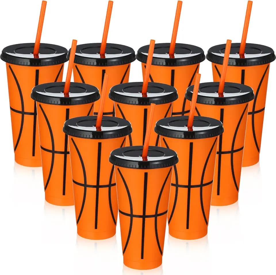 Domensi 24 Pcs Plastic Cups with Lid Straw 24 oz Tumblers,Basketball
