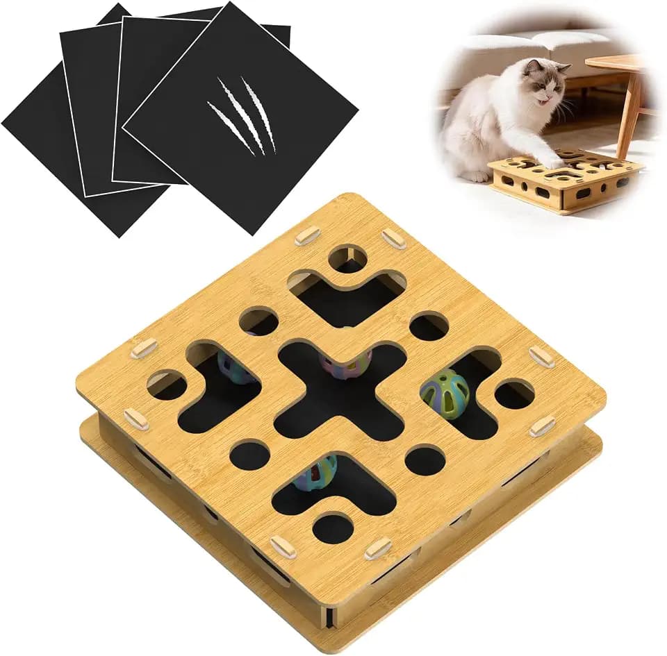 Cat Nail File Box with 5 Sandpaper Pads & 4 Bell Balls, Sturdy Wood Self-Grooming Scratcher for Treat-Motivated Cats, Interactive Cat Scratch Puzzle Enrichment Box with Silicone Security Rings