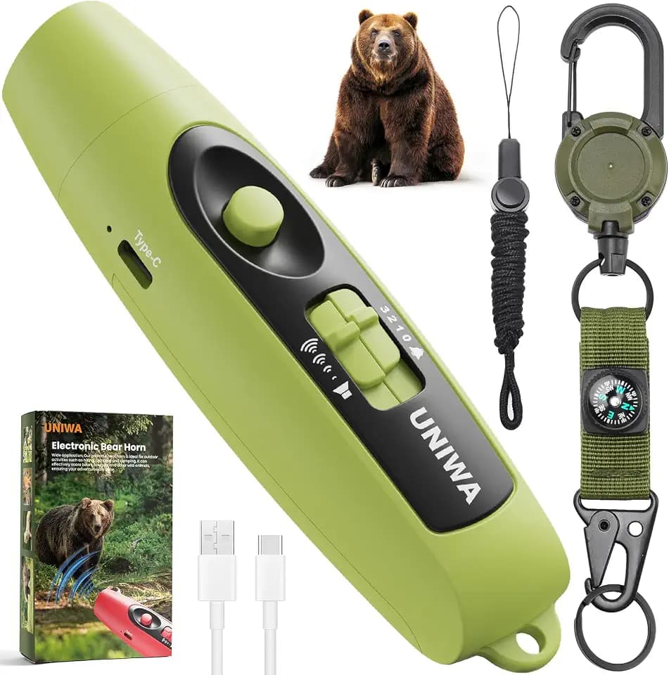 UNIWA Electronic Air Bear Horn, 120±5 dB Loud Air Horn for Safety Hiking Camping Emergency Whistle with Compass & Retractable Hook, Bear Horn to Scare Bears - Self Defense for Hiking