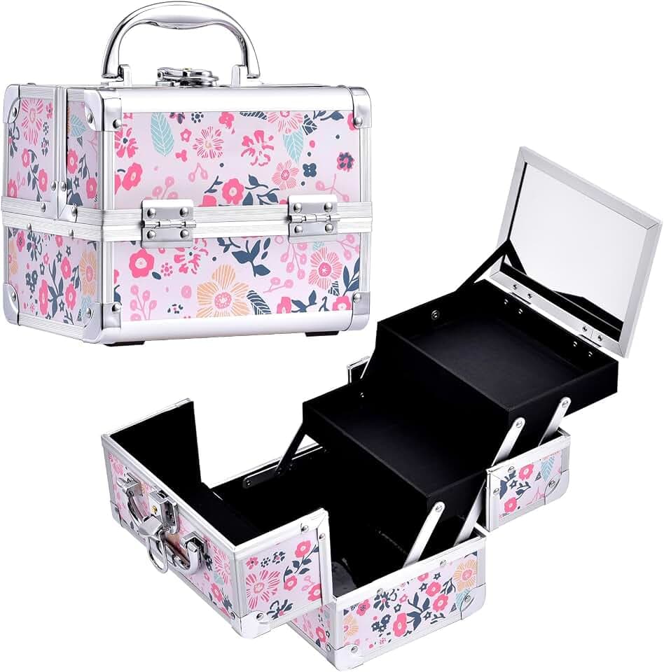 Joligrace Mädchen Make-up-Box mit Spiegel, Kosmetikkoffer, Schmuck-Organizer, leicht, abschließbar mit Schlüssel, Beige Disty Florals
