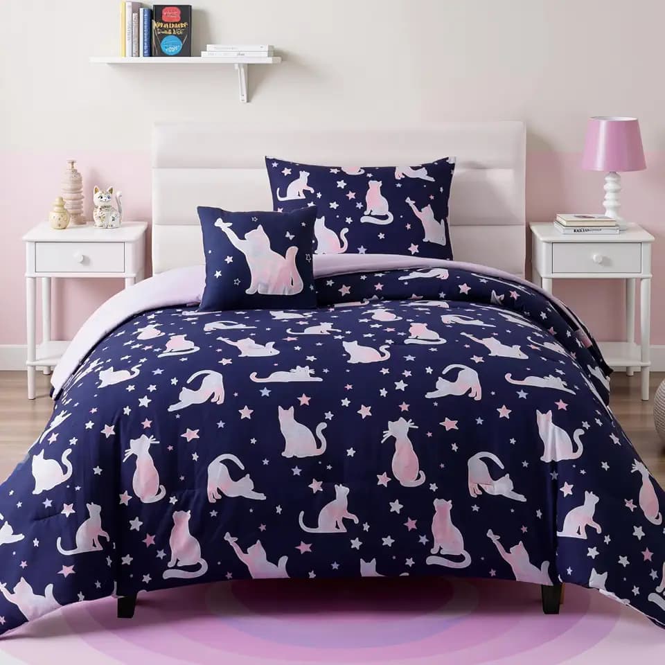 Twin Bedding Sets for Girls - 3 Pieces Cute Cat Bedding Twin Comforter Set