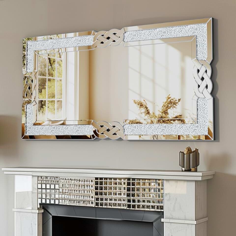 Wandspiegel Kristall Spiegel 120×60cm: Luxus Groß Wohnzimmerspiegel mit Rechteckiger Rahmen, Modern HD Dekospiegel Silber für Wohnzimmer Schlafzimmer