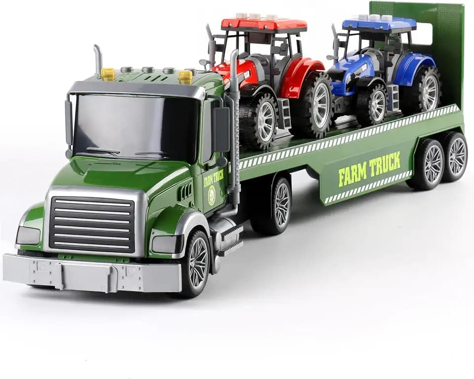 Dwi Dowellin Farm Vehicle Toys Set, 27" Large Friction Powered Semi Truck with 2 Tractors, Toy Cars for Kids 3 4 5 6 Years Old, Boys Girls Gift