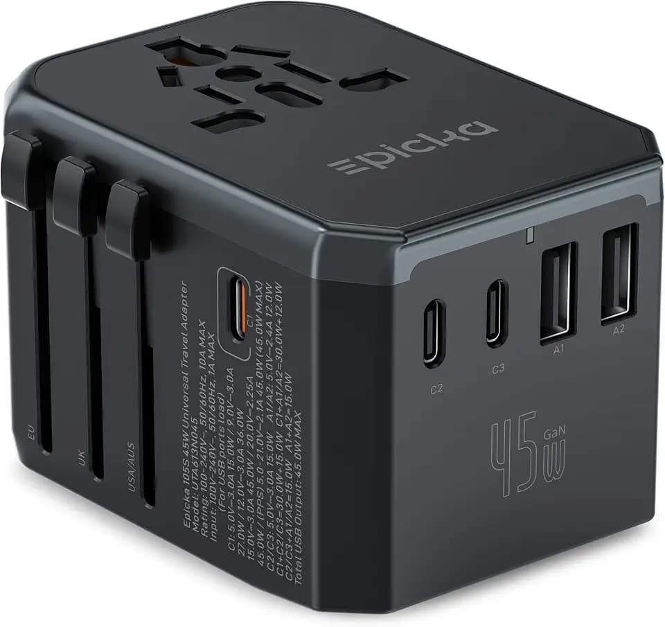 EPICKA 45W Universal Travel Adapter PD&QC, 1AC/3USB-C/2USB-A