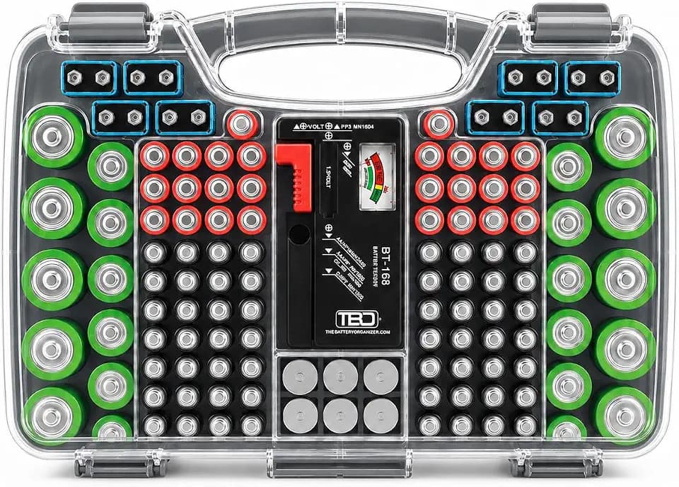 180 Battery Organizer Case with Tester, Double-Sided, Locking Lid