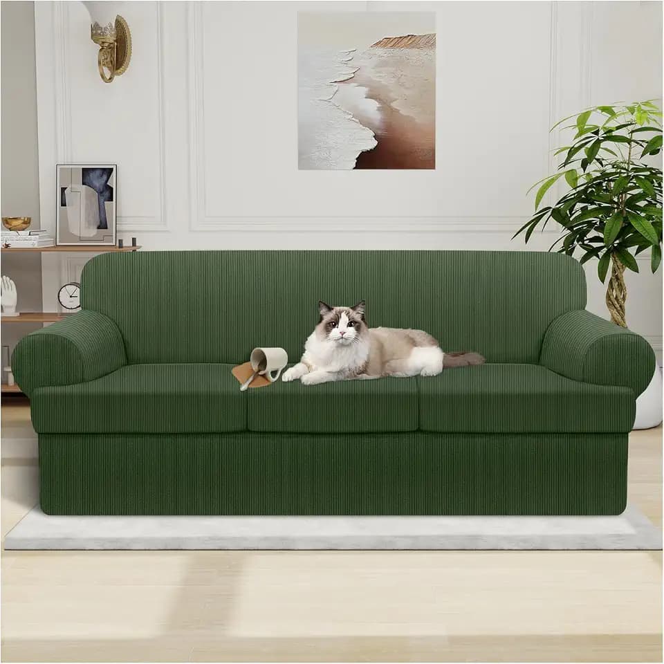 Waterproof Couch Cover 4-Piece Set Striped Sofa Slipcovers for 3 Separate T Cushion Couch - TPU Fabric Sofa Covers Leakproof Couch Protector for Kids, Pets(3 Cushion Sofa, Military Green)