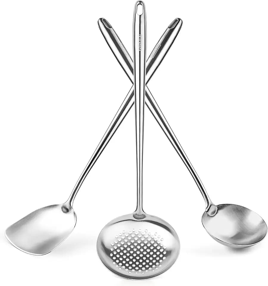 YOSUKATA 17" Stainless Steel Wok Spatula Ladle and Skimmer Spoon Set of 3