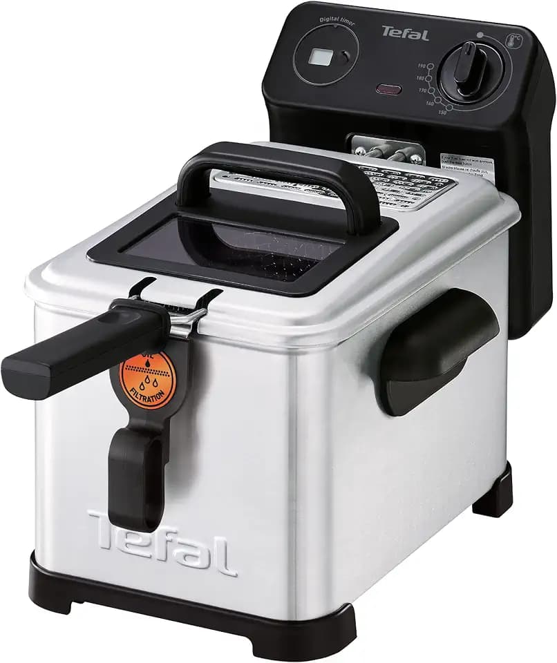 Tefal Filtra Pro Elektrische Fritteuse 4 Liter Öl-Kapazität, Auffangsieb für reineres Öl, spülmaschinenfeste Teile, Sichtfenster, einstellbare Temperaturkontrolle, schwarz, Edelstahl, FR5160
