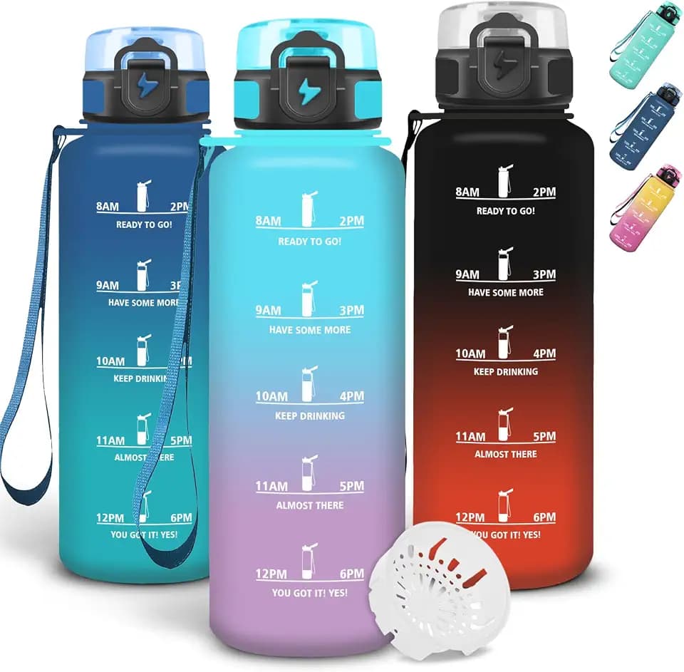 Grsta Trinkflasche 1 5 liter Auslaufsichere, Wasserflasche mit Filter, Sichere Verriegelung, Trinkflasche Sport, Mit Zeitmarkierung und Schnürung, Flasche für Gym, Outdoor, Reisen