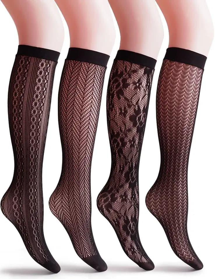 VERO MONTE 4 Pairs Women's Fishnet Knee High Socks - Stylish Black + Hollow Out