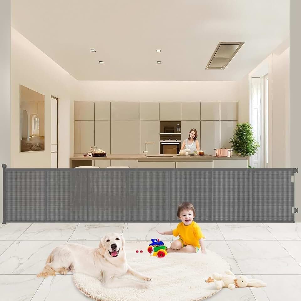 Sicherheitsbarriere für Kinder, Hunde, 1,5 m, 3 m, 5 m, einziehbar, mit Verstärkung aus Glasfaser, große Sicherheitsbarriere für Innen- und Außentreppen (Grau, 3 m)
