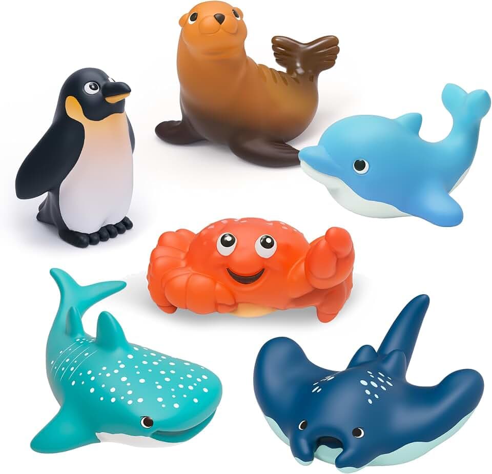 6-Pcs Ocean Animal Bath Toys for Toddlers 6M+, No Hole Mold Free Bathtub Toys, Whale Shark Dolphin Penguin Sea Animal Set for Baby Bath Time or Pool Water Play