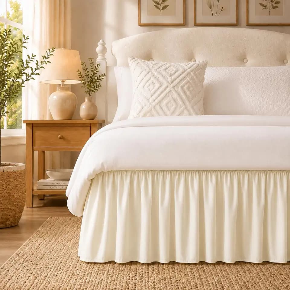 RIMELA Cream King Size Bed Skirt 15 Inch Drop, Elastic Bed Skirts Cal King Dust Ruffle, Bedskirt for Adjustable Bed Base Solid Fade Resistant Silky Fabric Machine Washable Easy to Install
