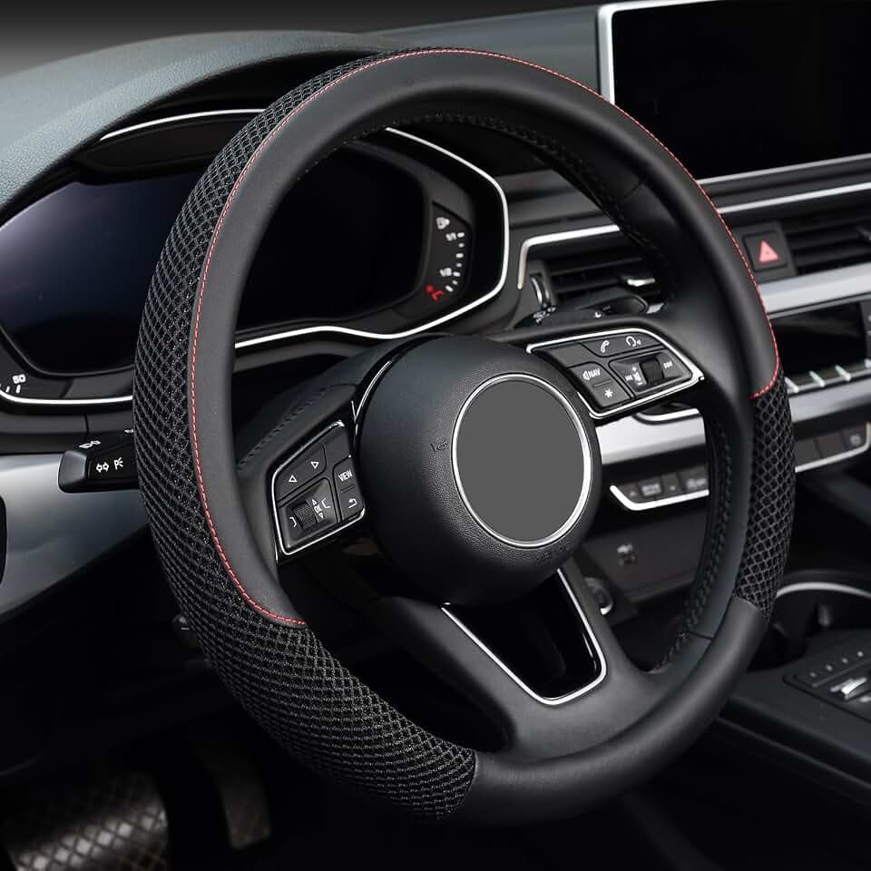 KAFEEK Steering Wheel Cover, Cooling Ice Silk Leather, 15 Inch, Black