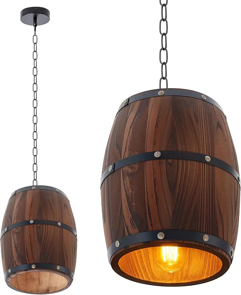 Copkim Rustic Wood Wine Barrel Pendant Lamp with Adjusted Chain Antique Hanging Light Fixture E26 Ceiling Lamp for Bar Kitchen Restaurant Cafe Wine Cellar, Light Bulb Not Included (M, B Style)
