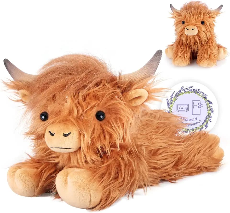 SuzziPals Heatable Coolable Weighted Highland Cow Stuffed Animal, Microwavable Stuffed Animals Peirod Heating Pad for Cramps, Cuddly Soft Plushies for Warmth & Companion, Highland Cow Gifts for Women