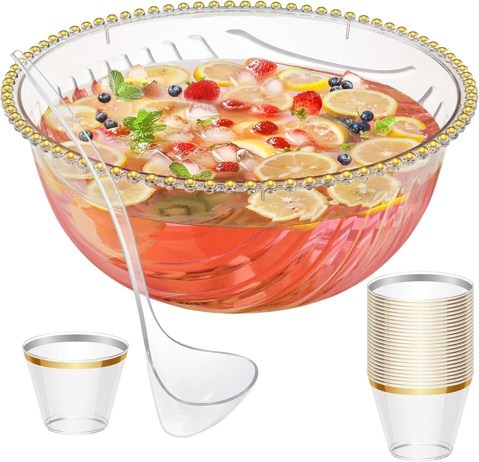 NiHome Kunststoff-Bowle mit Kelle und Zange für Partys, Hochzeiten, Grillfeste – 5,3-Liter-Servierschale mit Goldrand, transparent, Komplettset für Cocktails (1 Pack enthält 25 Becher)