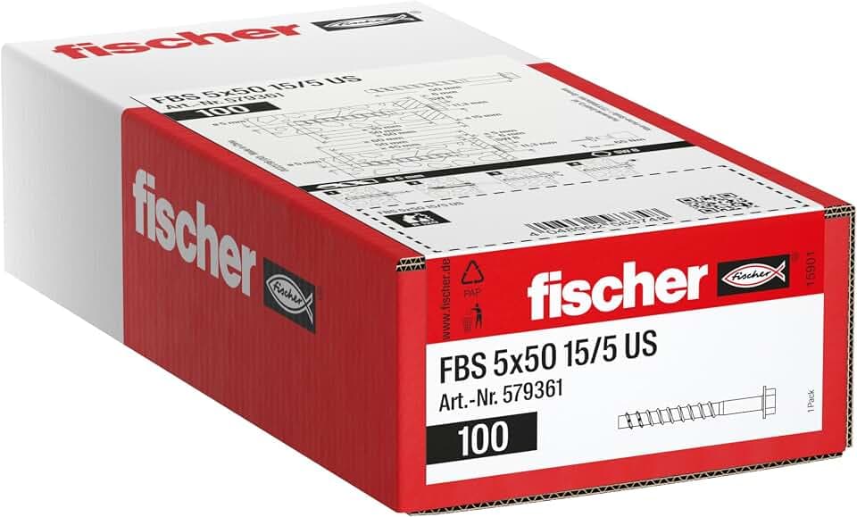 fischer Betonschraube FBS 5 x 50 15/5 US Sechskant mit Unterlegscheibe, galvanisch verzinkter Stahl, schnelle Montage in Beton und Mauerwerk, optimal für Elektro- und SHKL-Installationen, 100 Stück