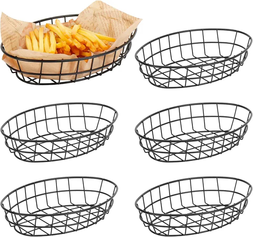 6 Pack Fast Food Oval Baskets, Wire Bread Basket for Serving, Reusable Chip Burger Fruit Vegetables Bowl Storage for Kitchen Table, Restaurants, Snack Bar, Metal (Matte Black)